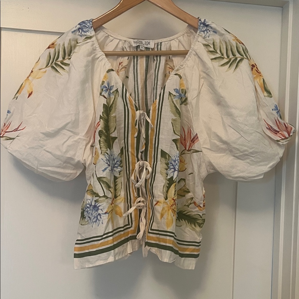 Rachel Zoe White Floral Tie-Front Puff Sleeve Top and Matching Pants